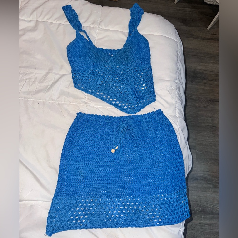 Blue Crochet Skirt Set
